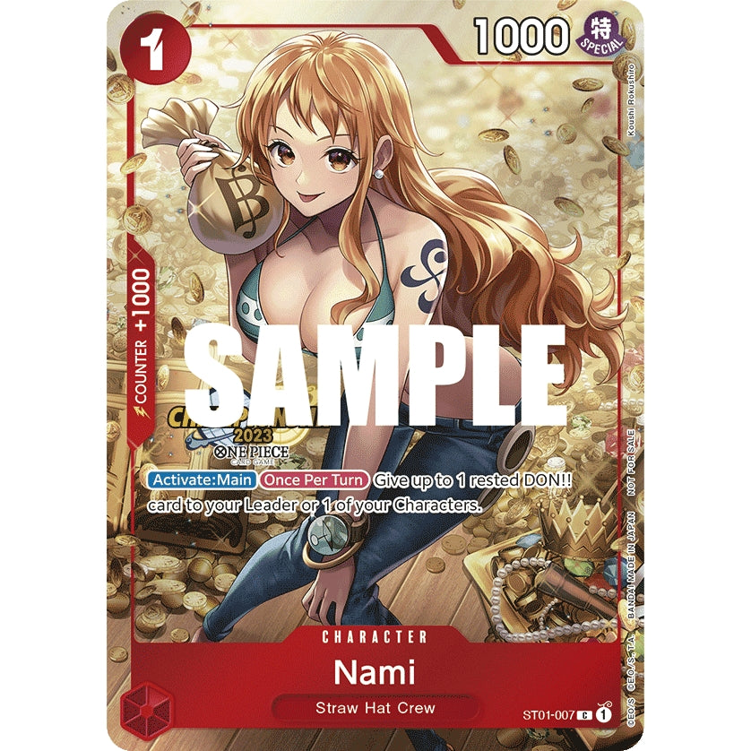 One Piece Card Game Nami character card, ST01-007 C, with Nami holding a money bag amidst gold coins.