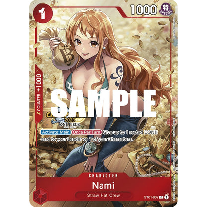 One Piece Card Game Nami character card, ST01-007 C, with Nami holding a money bag amidst gold coins.