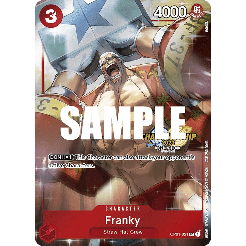 One Piece Card Game Franky character card from the 2023 Championship Celebration Pack, featuring a muscular Franky in red and white.