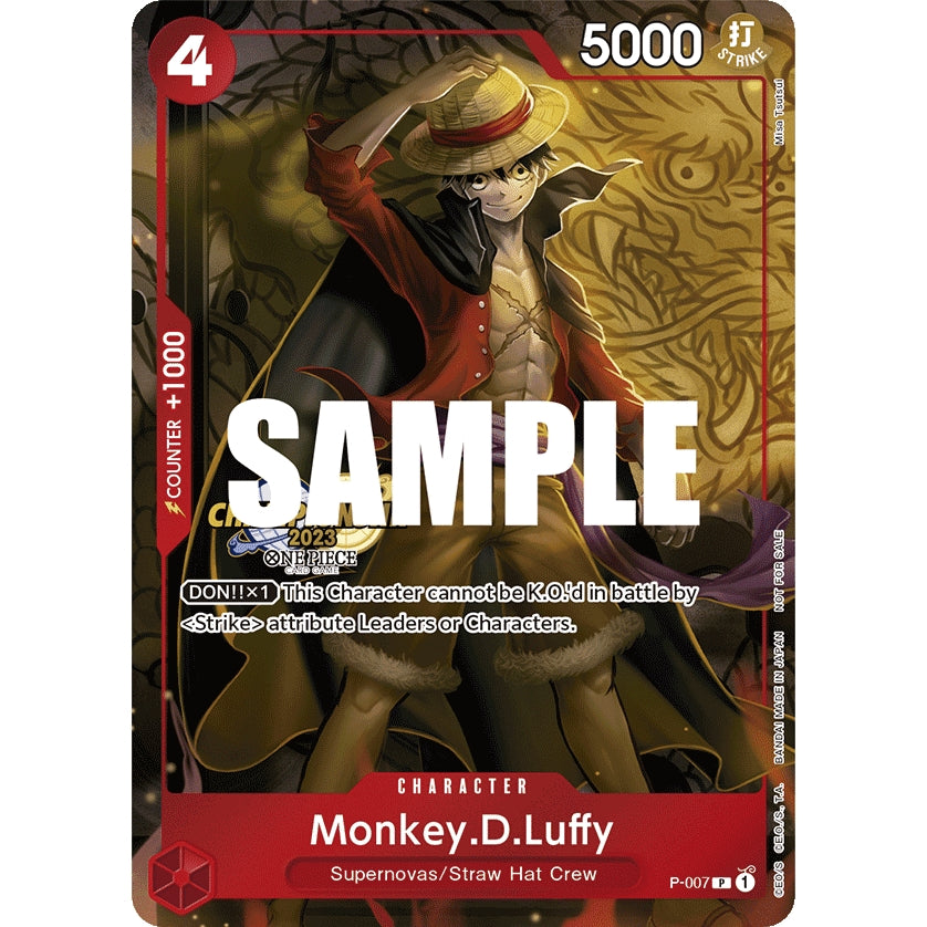 One Piece Card Game Monkey D. Luffy promo card with a red border, featuring Luffy in a straw hat and cape.