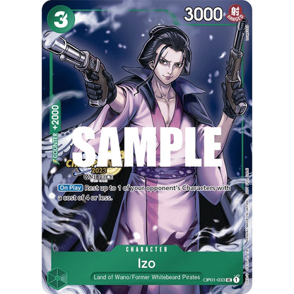 One Piece Card Game Izo character card with a pink kimono, black hair, and two silver pistols.