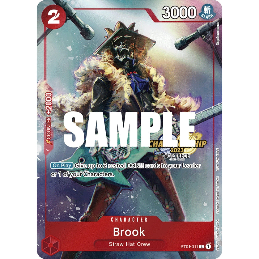 One Piece Card Game Brook character card, ST01-011 C, featuring Brook with a guitar and fluffy coat.