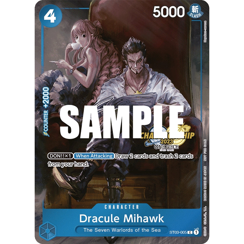 Dracule Mihawk One Piece card with a woman, "SAMPLE" watermark, and 2023 Championship logo.
