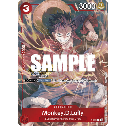 One Piece Card Game Monkey D. Luffy card with a red border, featuring Luffy in action with a straw hat.