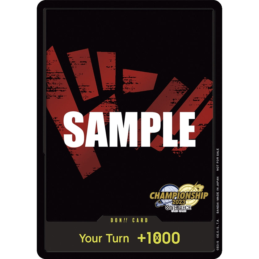 Black One Piece Card Game "DON!!" card with a red fist logo, "Your Turn +1000", and "Championship 2023" emblem.