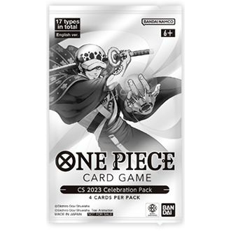 One Piece Card Game CS 2023 Celebration Pack, 4 cards per pack, featuring a monochrome anime character.