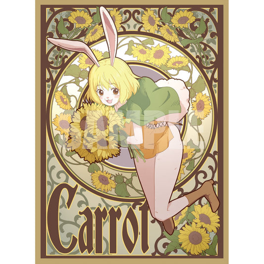 Anime girl with bunny ears, blonde hair, green top, holding sunflowers, on a decorative sunflower background.