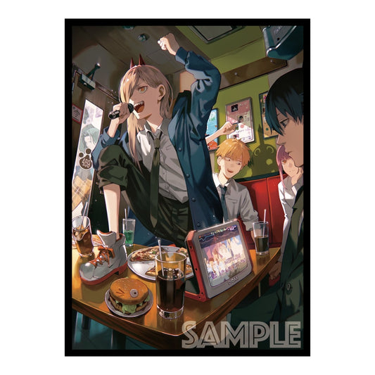 Chainsaw Man karaoke card sleeve featuring Power singing with Denji, Aki, and Makima in a vibrant anime art style.