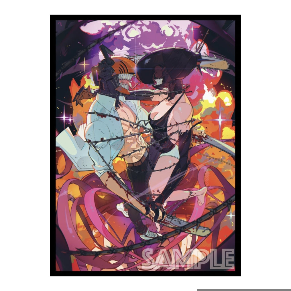 Chainsaw Man and Reze card sleeve featuring an action-packed, vibrant anime illustration with barbed wire and fire.