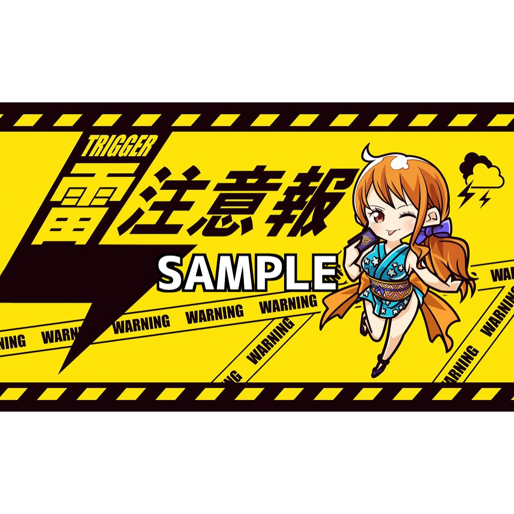 Chibi Nami (Wano) rubber playmat with yellow and black warning design, featuring Nami in a blue kimono.
