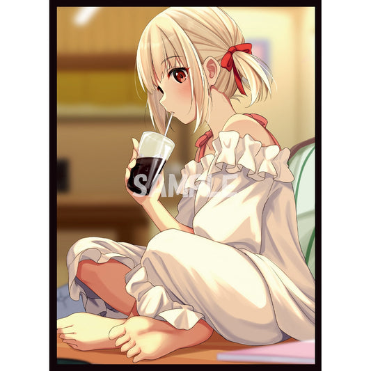 Anime girl with blonde pigtails and red bows, wearing a white ruffled dress, drinking from a glass with a straw.