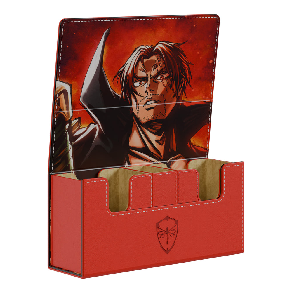 Crimson vegan leather deck box featuring Shanks artwork, microfiber interior, and magnetic closure for 160 standard cards.