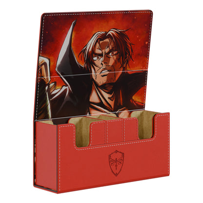 Crimson vegan leather deck box featuring Shanks artwork, microfiber interior, and magnetic closure for 160 standard cards.