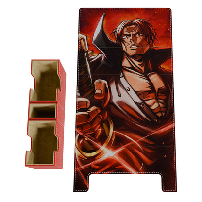Crimson vegan leather deck box featuring embroidered Shanks artwork and a removable microfiber-lined card tray.