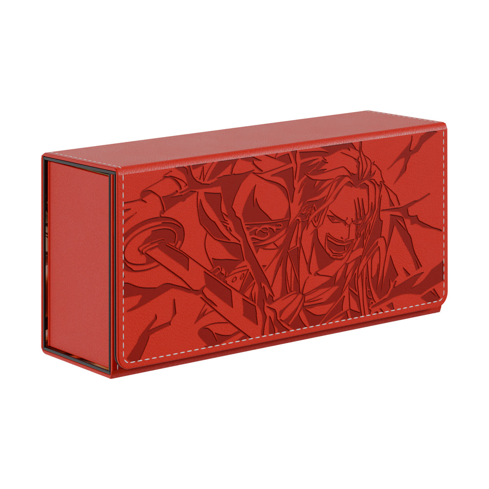 Crimson vegan leather deck box featuring an embroidered Shanks design, holding 160 cards with magnetic closure.