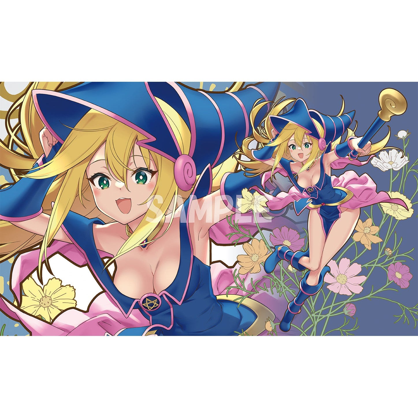 Dark Magician Girl anime playmat, 58x30cm, featuring blonde character in blue and pink, surrounded by flowers.