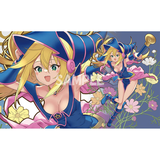 Dark Magician Girl anime playmat, 58x30cm, featuring blonde character in blue and pink, surrounded by flowers.
