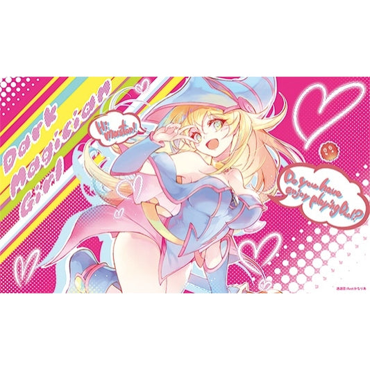Pink Dark Magician Girl rubber playmat featuring anime art, hearts, and text on a 60x35cm non-slip polyester surface.