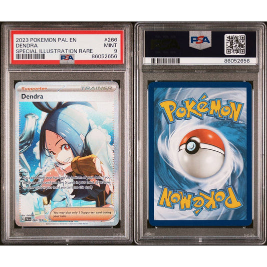 PSA 9 Mint Dendra Special Illustration Rare Paldea Evolved Pokémon card, front and back.