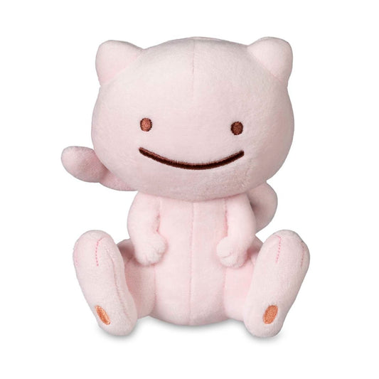 6-inch soft pink plush of Ditto transformed into Mew with embroidered eyes and a simple smiling mouth.