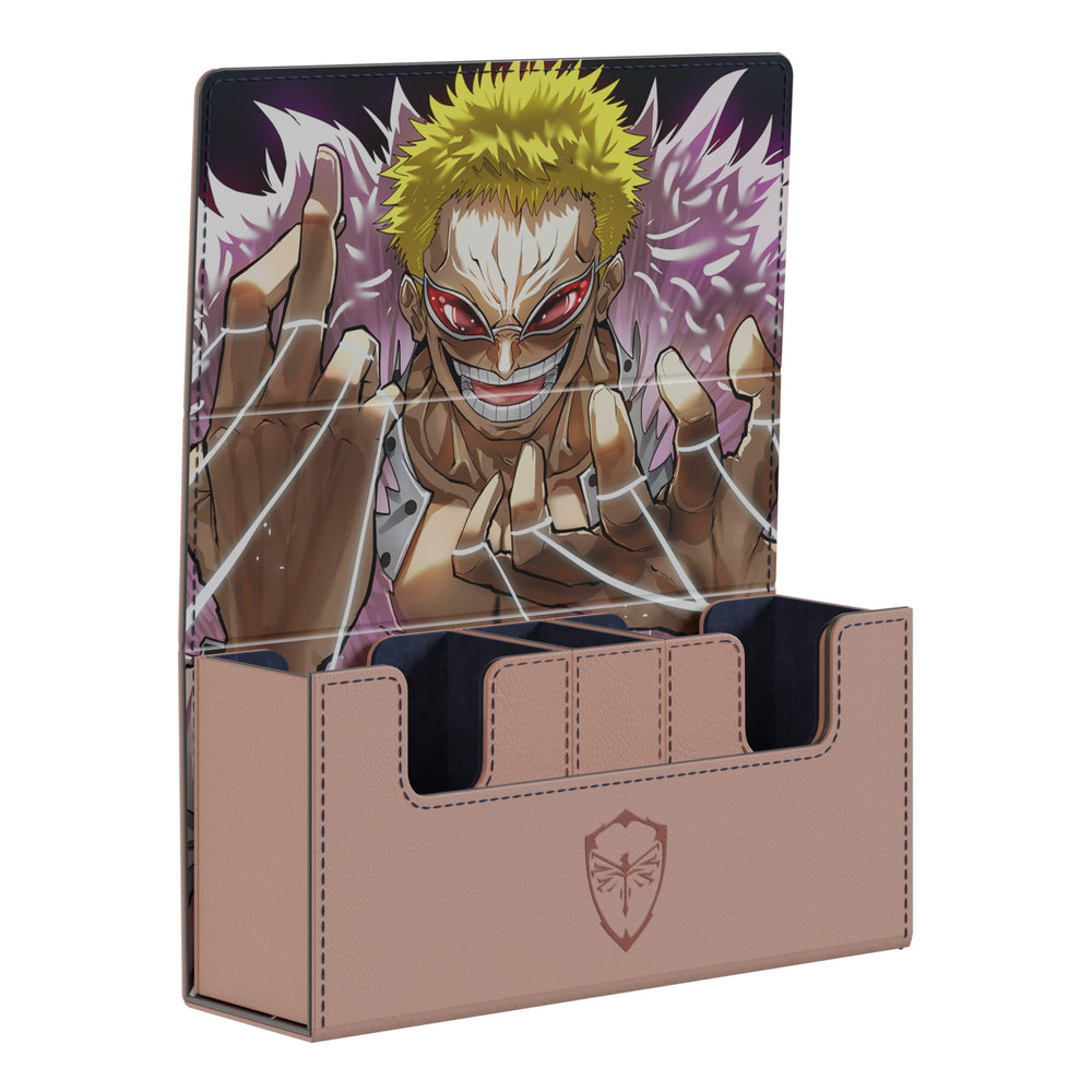 Doflamingo vegan leather deck box with embroidered logo, featuring a 160-card capacity and microfiber suede interior.