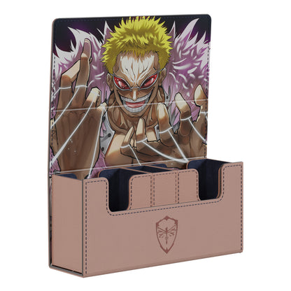 Doflamingo vegan leather deck box with embroidered logo, featuring a 160-card capacity and microfiber suede interior.