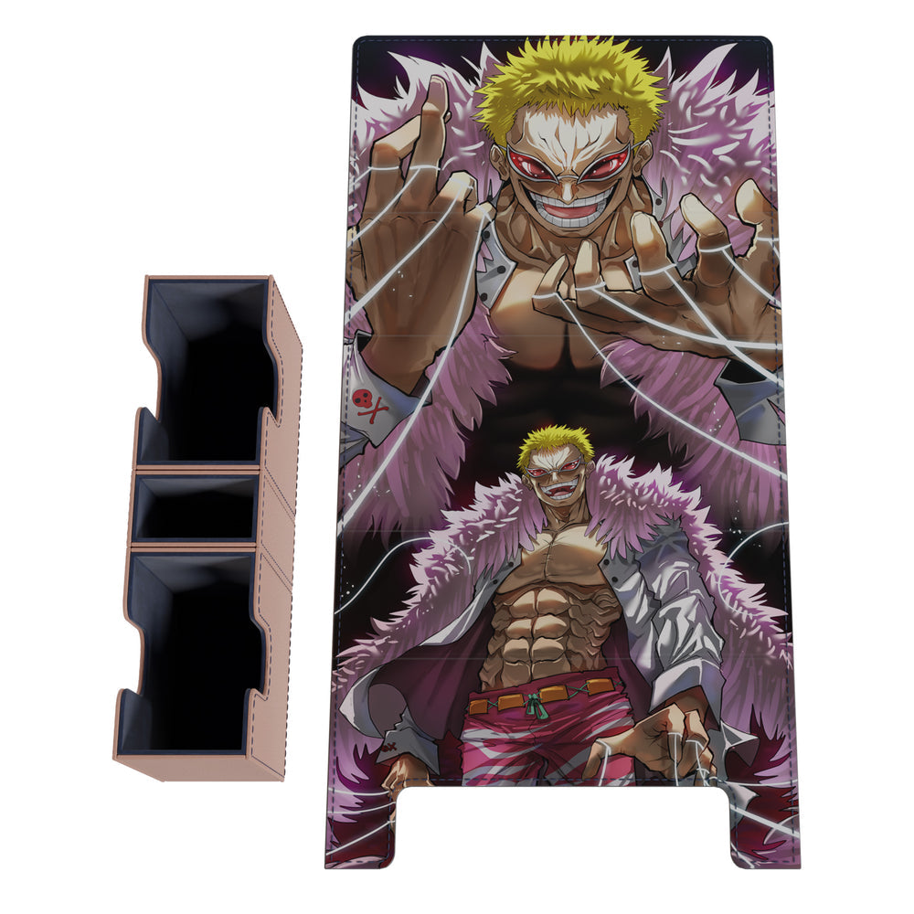 Doflamingo EV 2.5 vegan leather deck box with embroidered anime art and two microfiber-lined card slots.