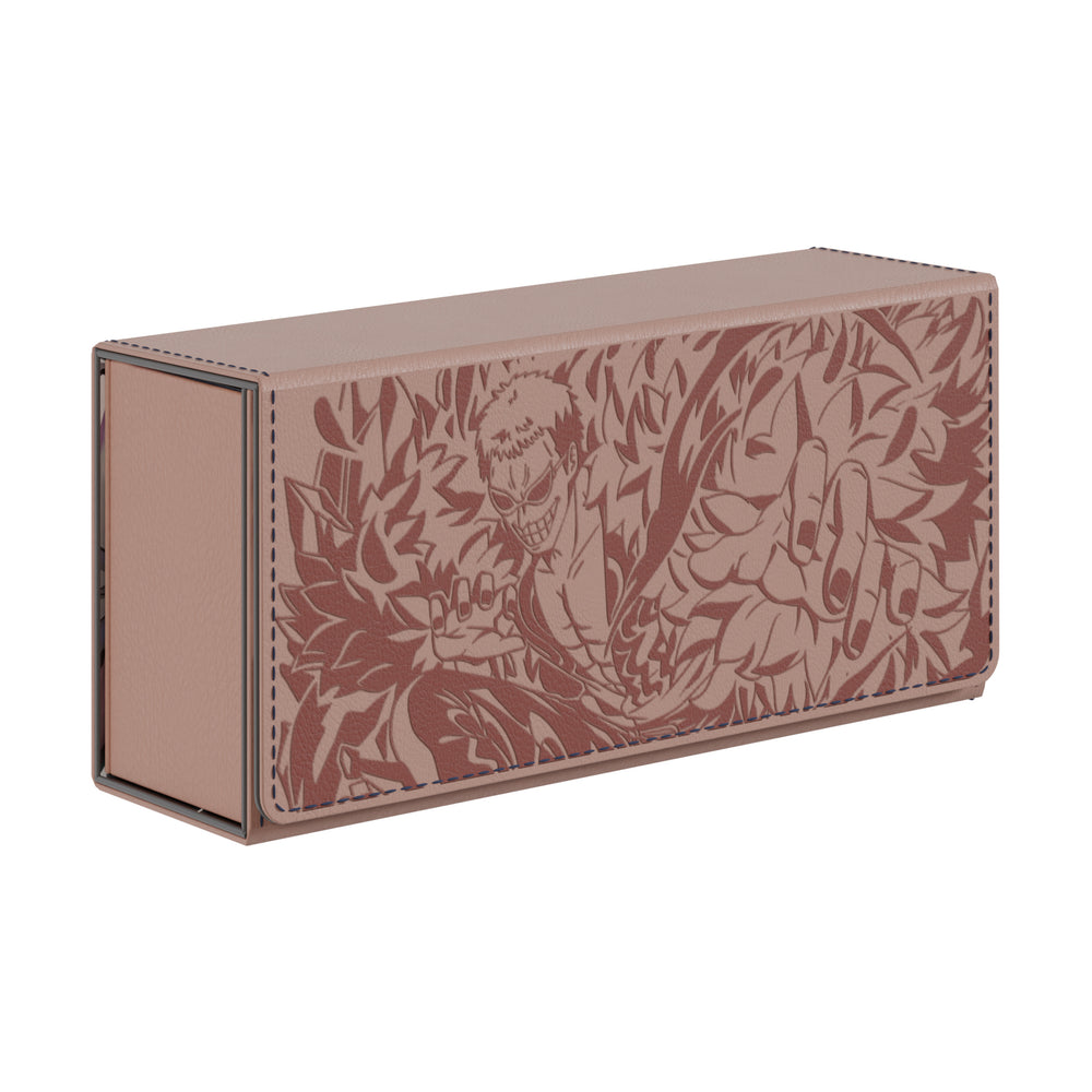 Doflamingo EV 2.5 Elite vegan leather deck box in light pink with detailed character embroidery and contrast stitching.