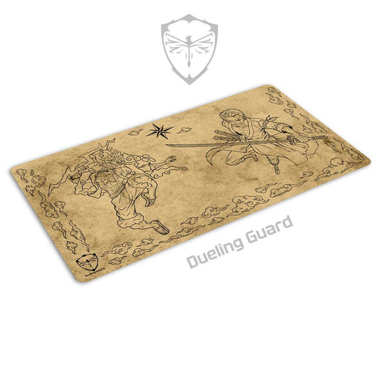 Dream Chaser playmat featuring Luffy and Zoro in a vintage parchment style with stitched edges and rubber backing.