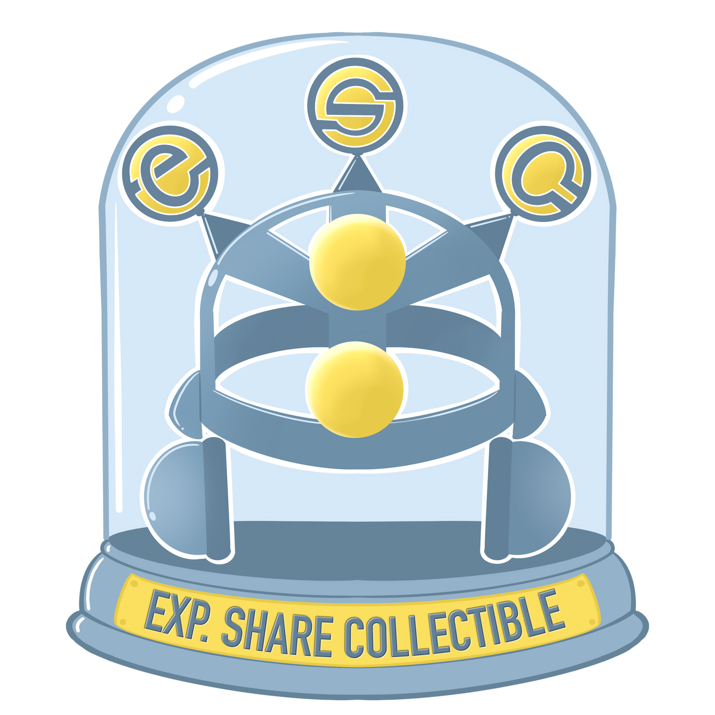 Blue and gray collectible display dome with "EXP. SHARE COLLECTIBLE" text, featuring yellow spheres and "ESC" letters.
