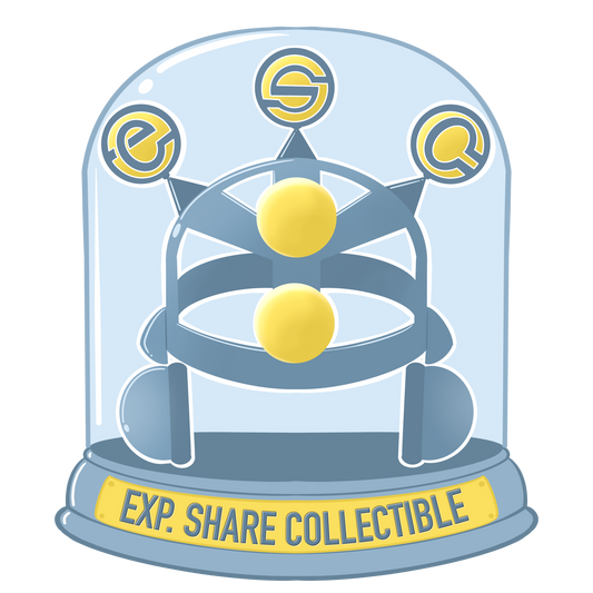Blue and gray collectible display dome with "EXP. SHARE COLLECTIBLE" text, featuring yellow spheres and "ESC" letters.