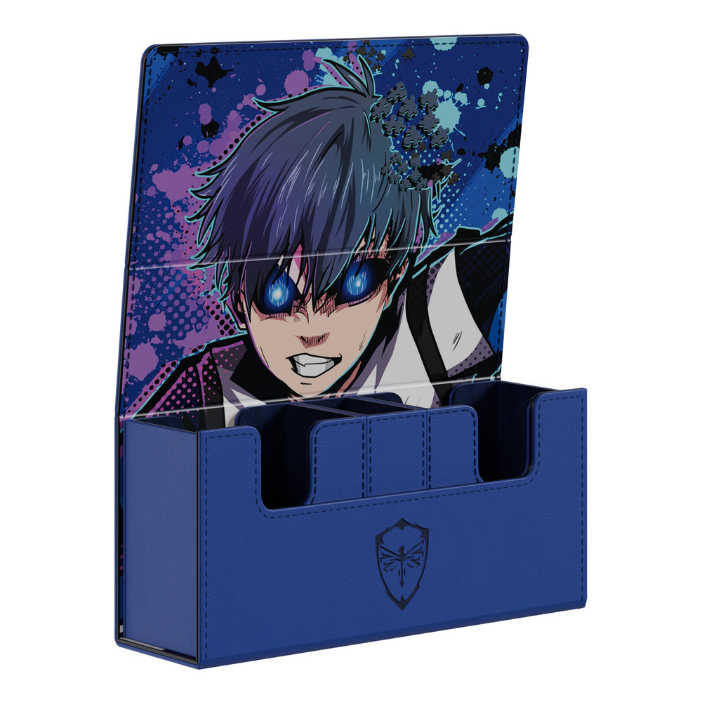 Blue vegan leather EV 2.5 Elite deck box featuring Blue Lock Egoist anime artwork and a magnetic closure.