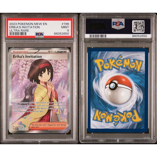 PSA 9 Mint Erika's Invitation Ultra Rare Pokémon card, front and blue back, in clear protective slabs.