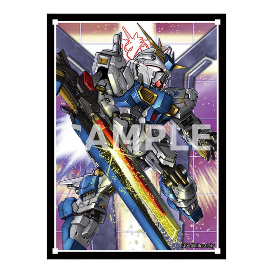 FF Nu Gundam card sleeve featuring a detailed blue and white mecha illustration with a glowing sword on a purple grid.