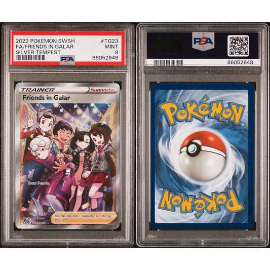 PSA-graded Friends in Galar Silver Tempest Trainer card, front and back, in a clear protective case.