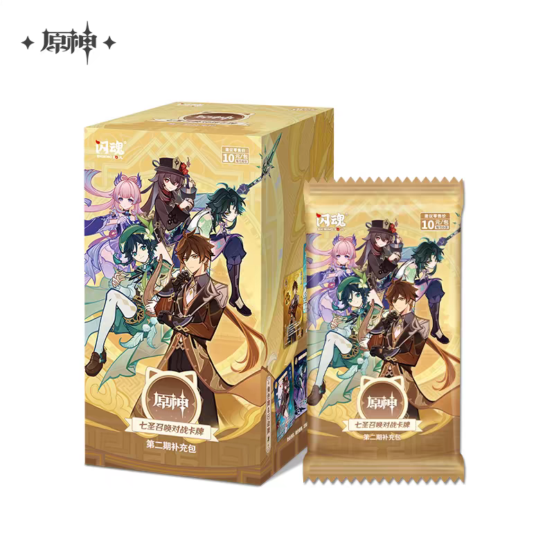 Genshin Impact Genius Invokation Vol. 2 booster box and pack featuring colorful anime character illustrations.