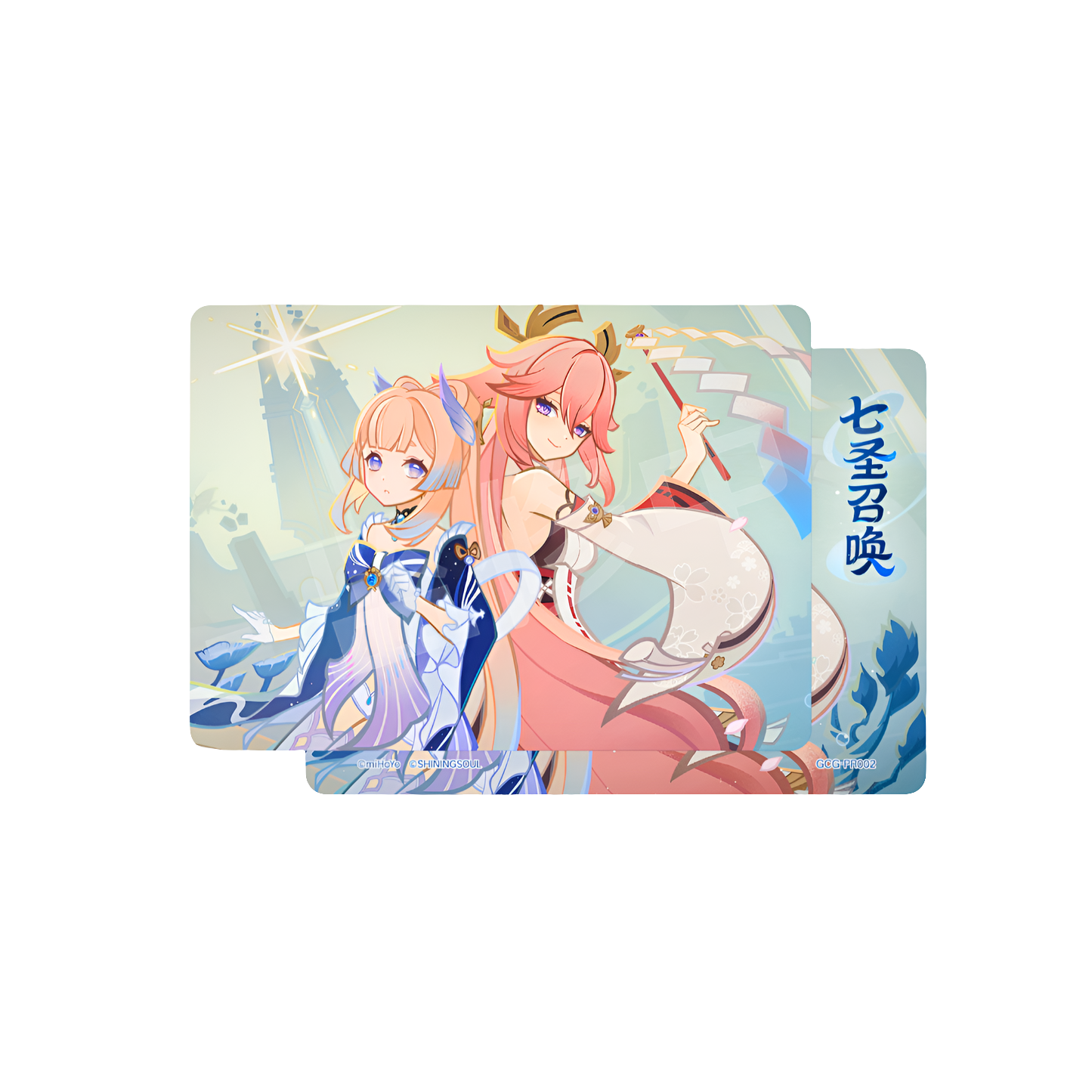 Genshin Impact promo card featuring Yae Miko and Sangonomiya Kokomi in a colorful, detailed anime art style.