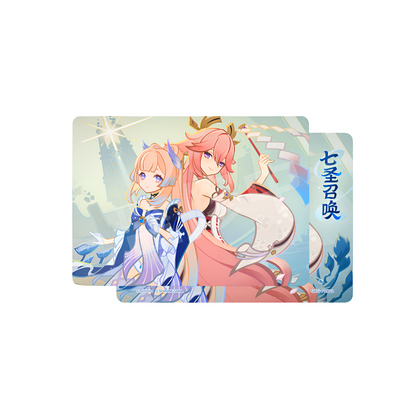 Genshin Impact promo card featuring Yae Miko and Sangonomiya Kokomi in a colorful, detailed anime art style.