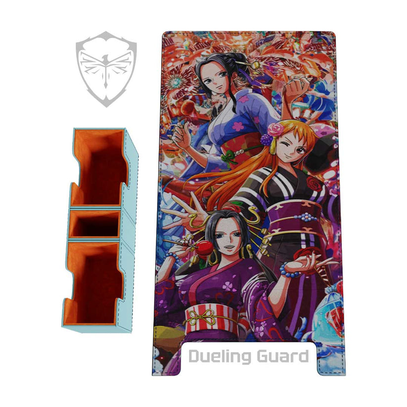 XL vegan leather deck box featuring Nami, Robin, and Boa with orange microfiber interior and removable dice tray.