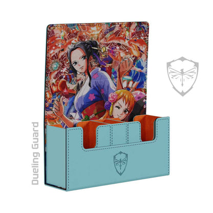 Light blue vegan leather XL deck box featuring Nami and Robin anime artwork, orange microfiber interior, and magnetic lid.