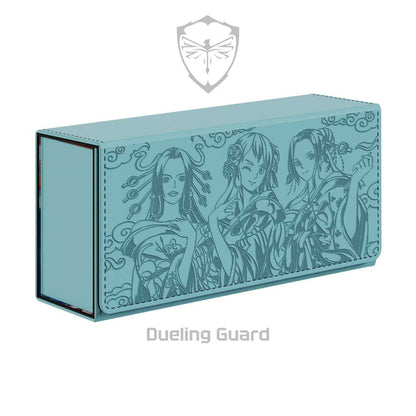 Light blue vegan leather XL deck box featuring embroidered Nami, Robin, and Boa Hancock artwork.