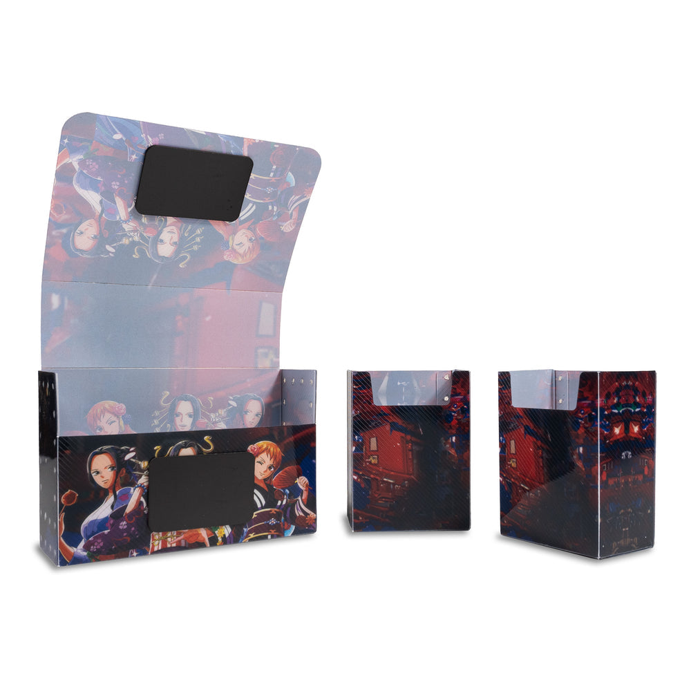 Grand Line Treasures TCG deck box featuring Nami, Robin, and Boa with removable inner compartments on a white background.