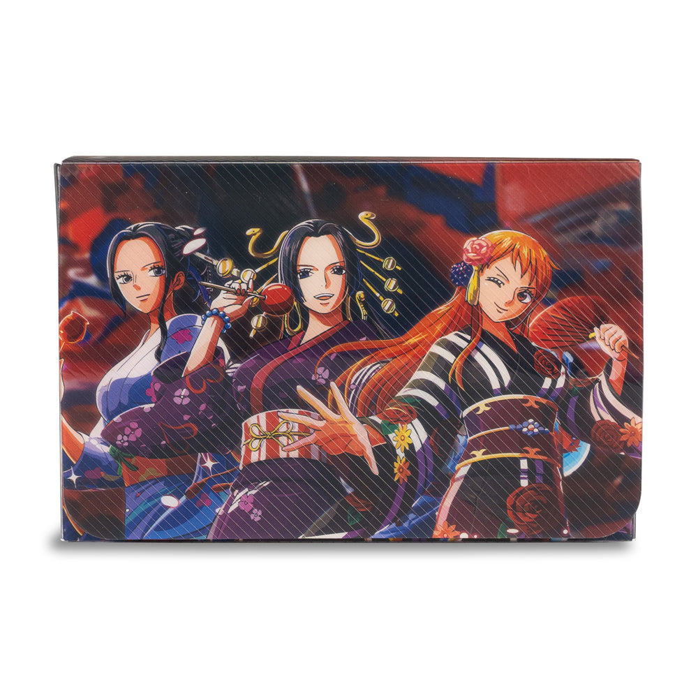 Standard size polypropylene deck box featuring Nami, Robin, and Boa Hancock in colorful kimonos on a textured background.