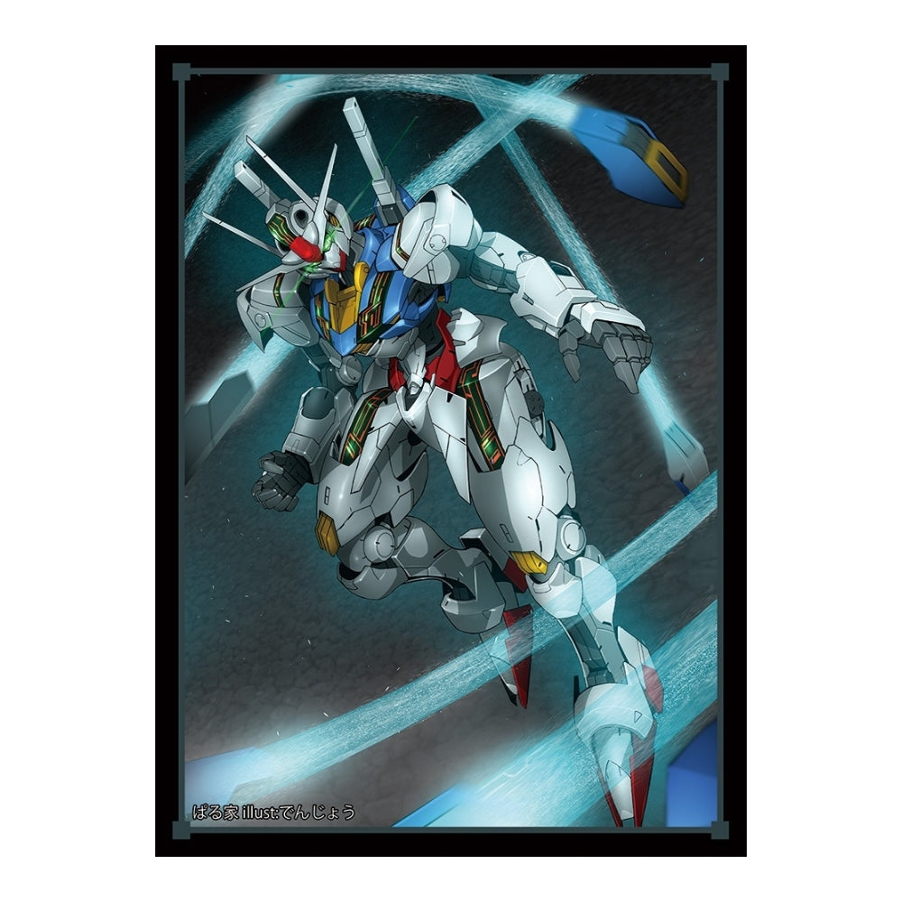 Gundam Aerial card sleeve featuring a white, blue, and red mecha illustration with glowing blue energy trails on a black background.