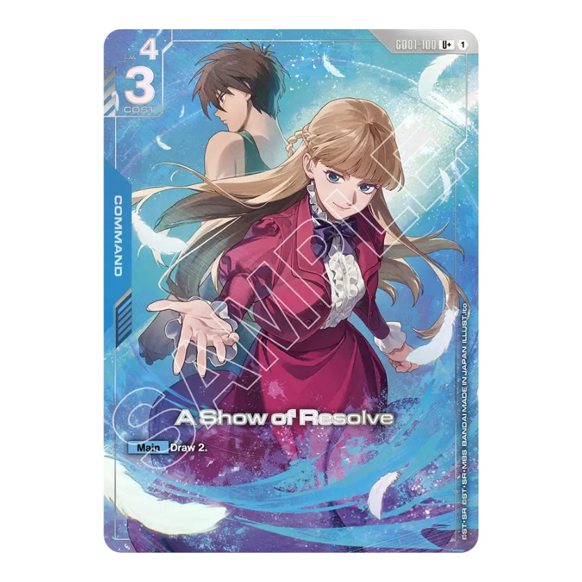 Gundam Card Game A Show of Resolve GD01-100 featuring Relena and Heero against a blue, feather-filled background.