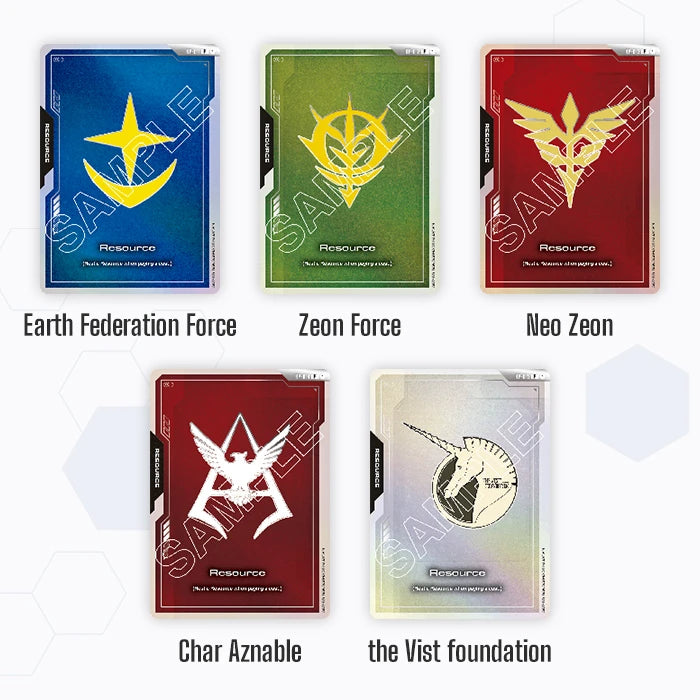 Gundam Card Game resource cards featuring Earth Federation, Zeon, Neo Zeon, Char Aznable, and Vist Foundation faction emblems.