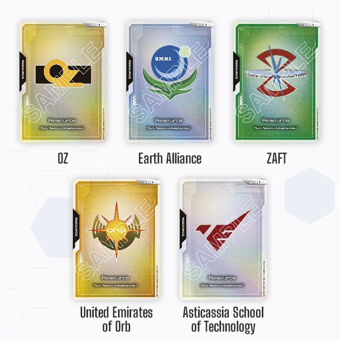 Five Gundam Card Game resource cards featuring faction logos for OZ, Earth Alliance, ZAFT, Orb, and Asticassia in Chinese.