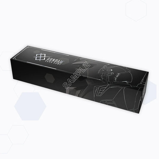 Black Gundam Card Game storage box featuring white line art of a mobile suit and the official game logo.