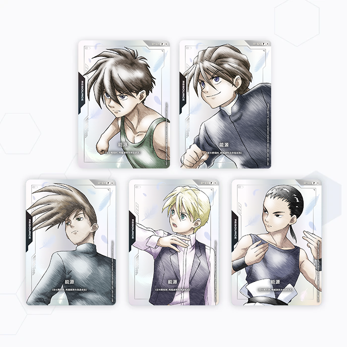 Five Gundam Wing character resource cards with anime-style illustrations, white backgrounds, and Chinese text labels.