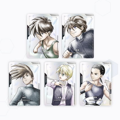Five Gundam Wing character resource cards with anime-style illustrations, white backgrounds, and Chinese text labels.